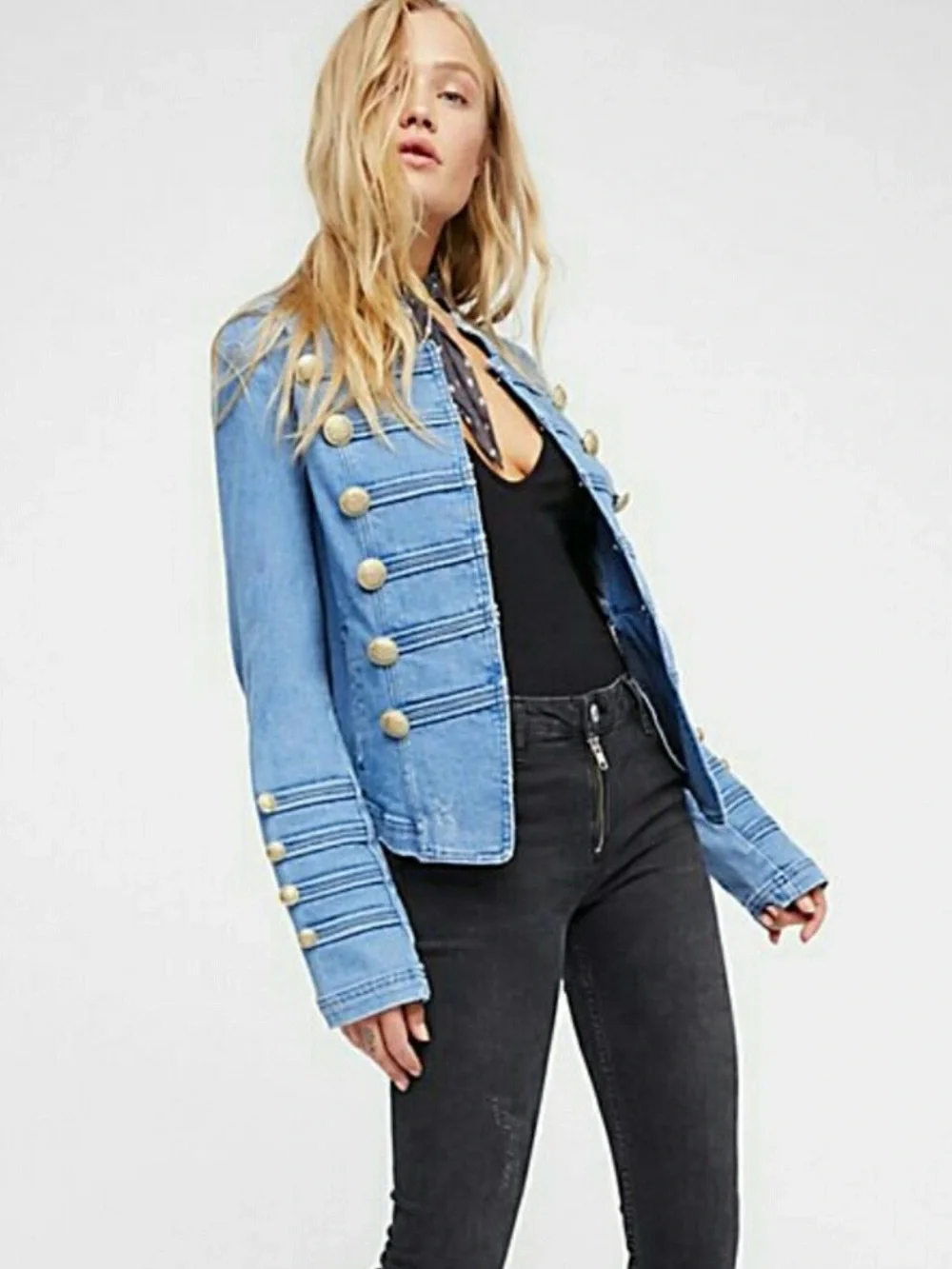 Free People Light Blue Denim Military Jacket Size XS - Picture 3 of 16